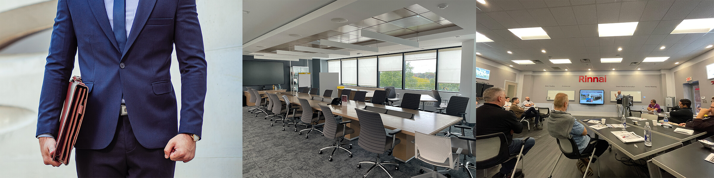 An empty office room filled with chairs at a long table, with a window view of trees outside.